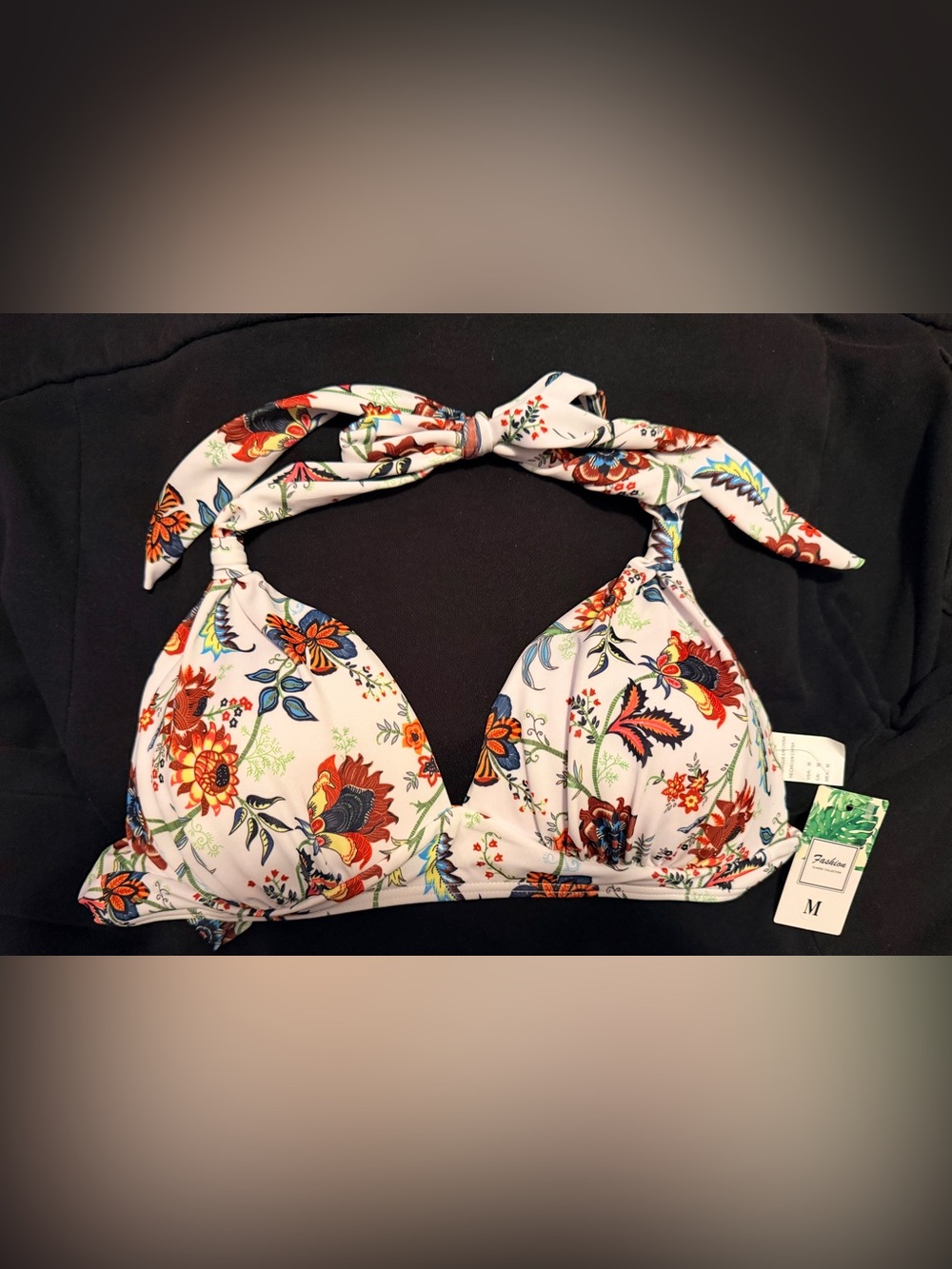 Floral Halter Swim Top - White with Red, Orange, Blue, Green Print